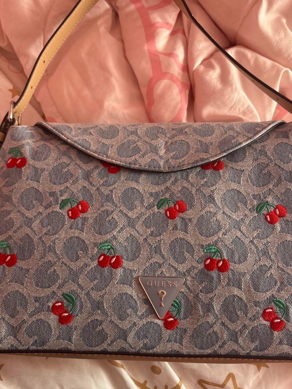 GUESS Blue Jacquard Shoulder Bag with Red Cherry Embroidery